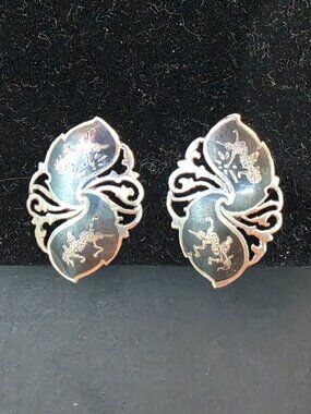 Vintage 1930s Alpha Siam Sterling Silver Niello  Mekkala Screw Back Earrings